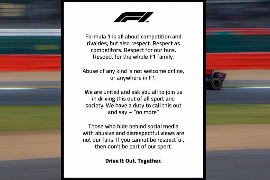 Formula One on Saturday launched the 'Drive It Out' campaign against abusive behaviour online on social media and at Grands Prix. Pic courtesy of Formula 1 Twitter