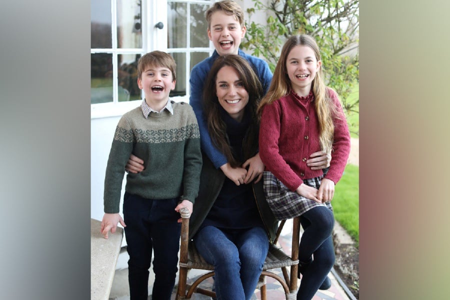 An undated handout photo issued by Kensington Palace of Britain's Catherine, Princess of Wales, with her children, Prince Louis, Prince George and Princess Charlotte, taken in Windsor recently by the Prince of Wales, and released March 10, 2024. - Reuters Pic