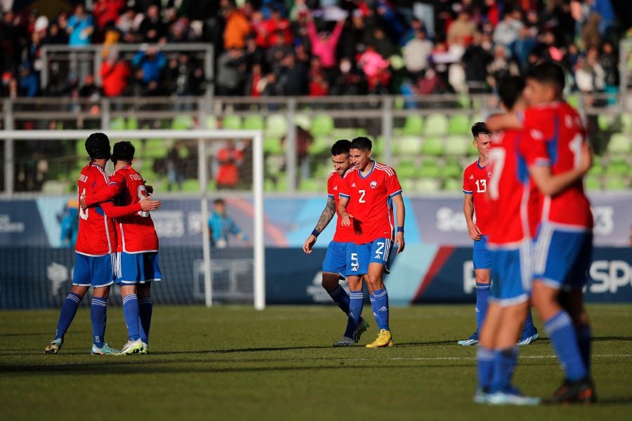Chile's players celebrate their place in the final after beating the US during the men's team semifinal football match between Chile and United States of the Pan American Games Santiago 2023, at the Elias Figueroa stadium in Valparaiso, Chile. - AFP pic