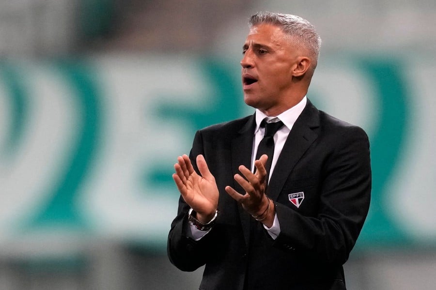In this file photo taken on August 17, 2021, Sao Paulo's head coach, Argentine Hernan Crespo, gestures during the all-Brazilian Copa Libertadores quarter-final second leg football match against Palmeiras at the Allianz Parque Stadium in Sao Paulo, Brazil. -AFP PIC