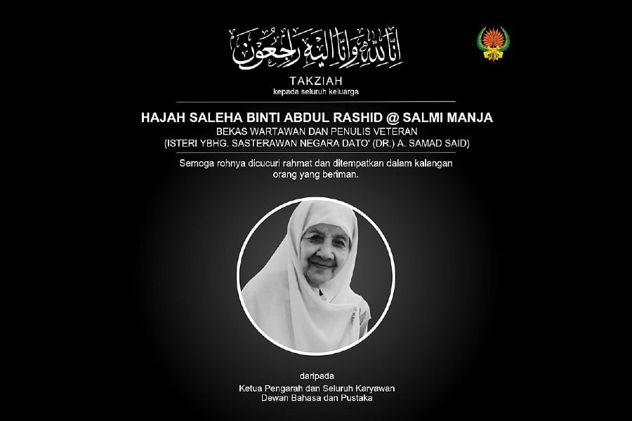 Former journalist and novelist Datin Saleha Abdul Rashid, also known as Salmi Manja, died in her home in Subang Jaya, this afternoon. - Pic courtesy from Dewan Bahasa dan Pustaka Malaysia Facebook