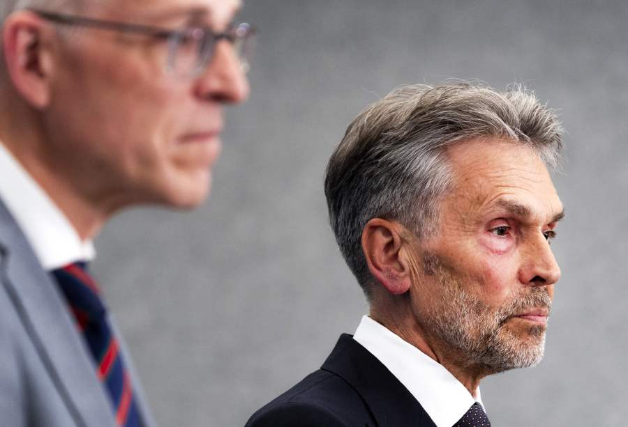 Dick Schoof (R) gives a press conference alongside Informant Richard van Zwol (L), after being nominated as preferred candidate to become the Netherlands' next prime minister, in the Hague. - AFP pic