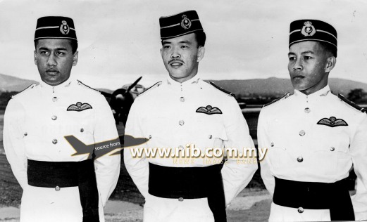 14 December 1961: The first three Malayan pilot officers who have been fully trained by the RMAF in Malaya at the presentation of their "wings" in Kuala Lumpur. They are (from left) Pilot Officers Gopal Ramdas, Cheah Nee Wah and Ahmad Idris.