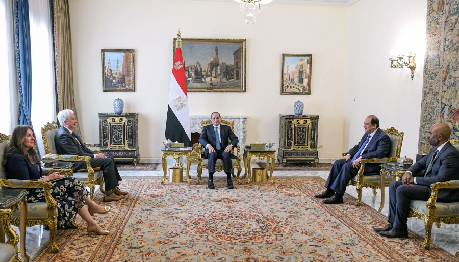 This handout picture released by the Egyptian Presidency shows Egypt's President Abdel Fattah al-Sisi (Centre), accompanied by intelligence chief Major General Abbas Kamel (Second from right), meeting with CIA Director William Burns (Second from left) and US ambassador to Cairo Herro Mustafa Garg (Left) at the presidential palace in Cairo yesterday (April 7). The war between Israel and Hamas entered its seventh month yesterday as the US and other negotiators were expected to join the protagonists in Cairo in a renewed push for a ceasefire and hostage release deal. — AFP