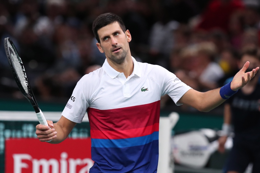 (FILE) - Novak Djokovic of Serbia reacts during the final match against Daniil Medvedev of Russia at the Rolex Paris Masters tennis tournament in Paris, France, 07 November 2021 (reissued 16 January 2022). - Djokovic lost court appeal against deportation from Australia and will not be able to defend his Australian Open title in Melbourne. EPA pic