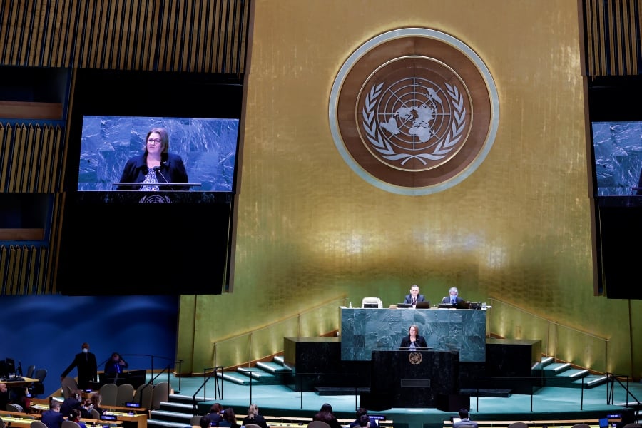 epa09779631 New Zealand ambassador to the UN Carolyn Schwalger speaks in the United Nations General Assembly hall during a meeting on the conflict situation in the Eastern Ukraine at United Nations headquarters. - EPA Pic