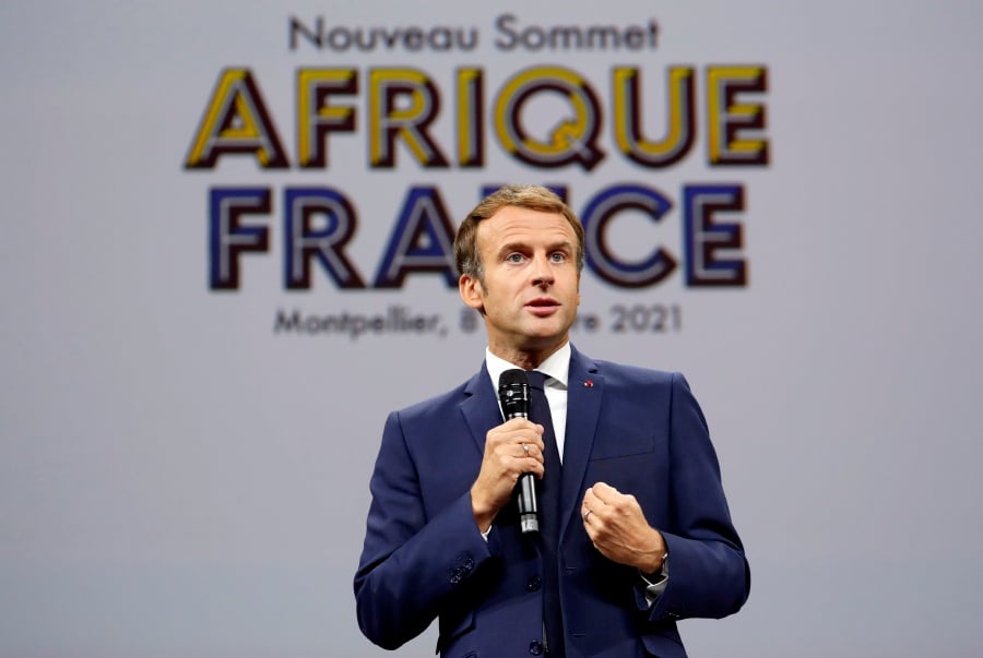  French President Emmanuel Macron delivers a speech during the New Africa-France 2021 Summit in Montpellier, France, on October 8, 2021. - EPA PIC