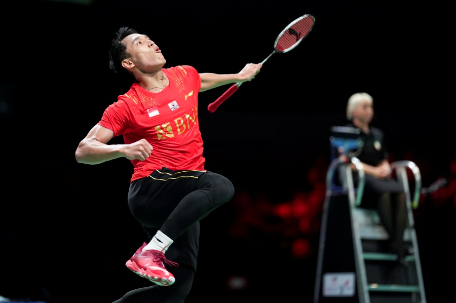  Jonatan Christie of Indonesia reacts after his Men's single match against Denmark's Anders Antonsen at the Thomas Cup Badminton semifinals between Indonesia and Denmark in Aarhus, Denmark, 16 October 2021. EPA pic