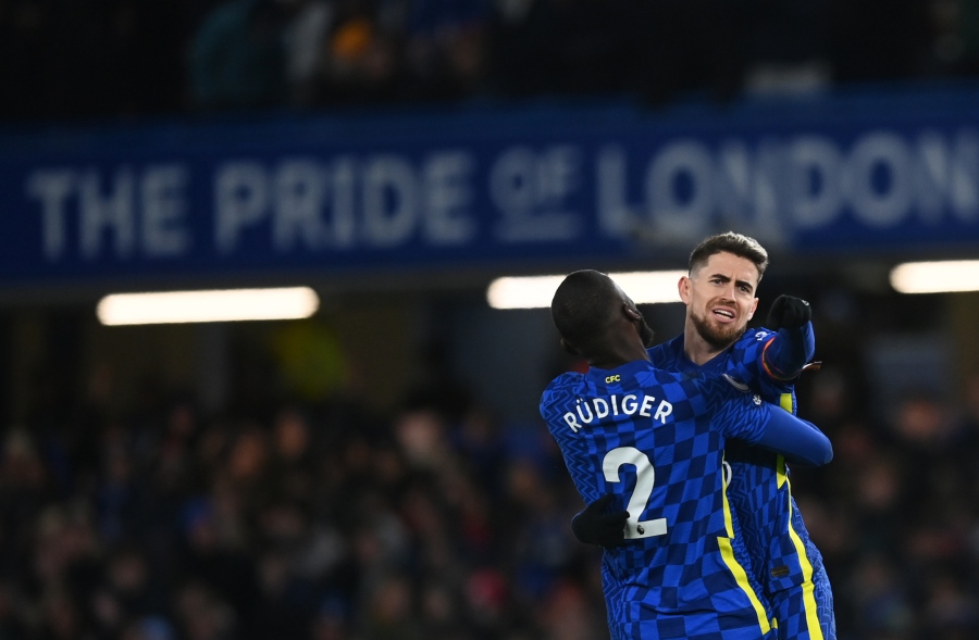 Chelsea's Jorginho (R) celebrates with teammate Antonio Ruediger (L) after scoring the 1-1 equalizer during the English Premier League soccer match between Chelsea FC and Manchester United in London. - EPA Pic