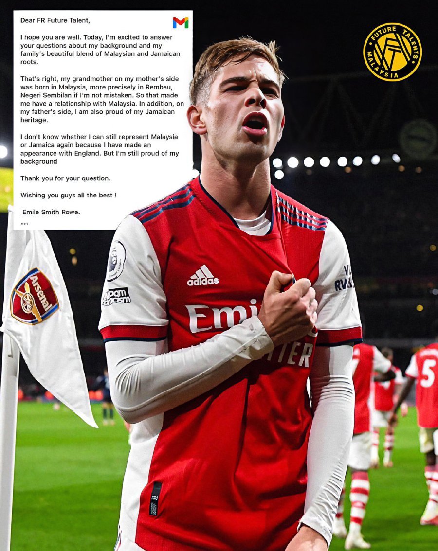  Emile Smith Rowe, 23, an England and Arsenal player, said in a reply to Future Talents Malaysia, which had inquired about his family background, that he has Malaysian roots through his maternal grandmother, who is from Rembau, Negri Sembilan. — PIC FROM FUTURE TALENTS MALAYSIA 