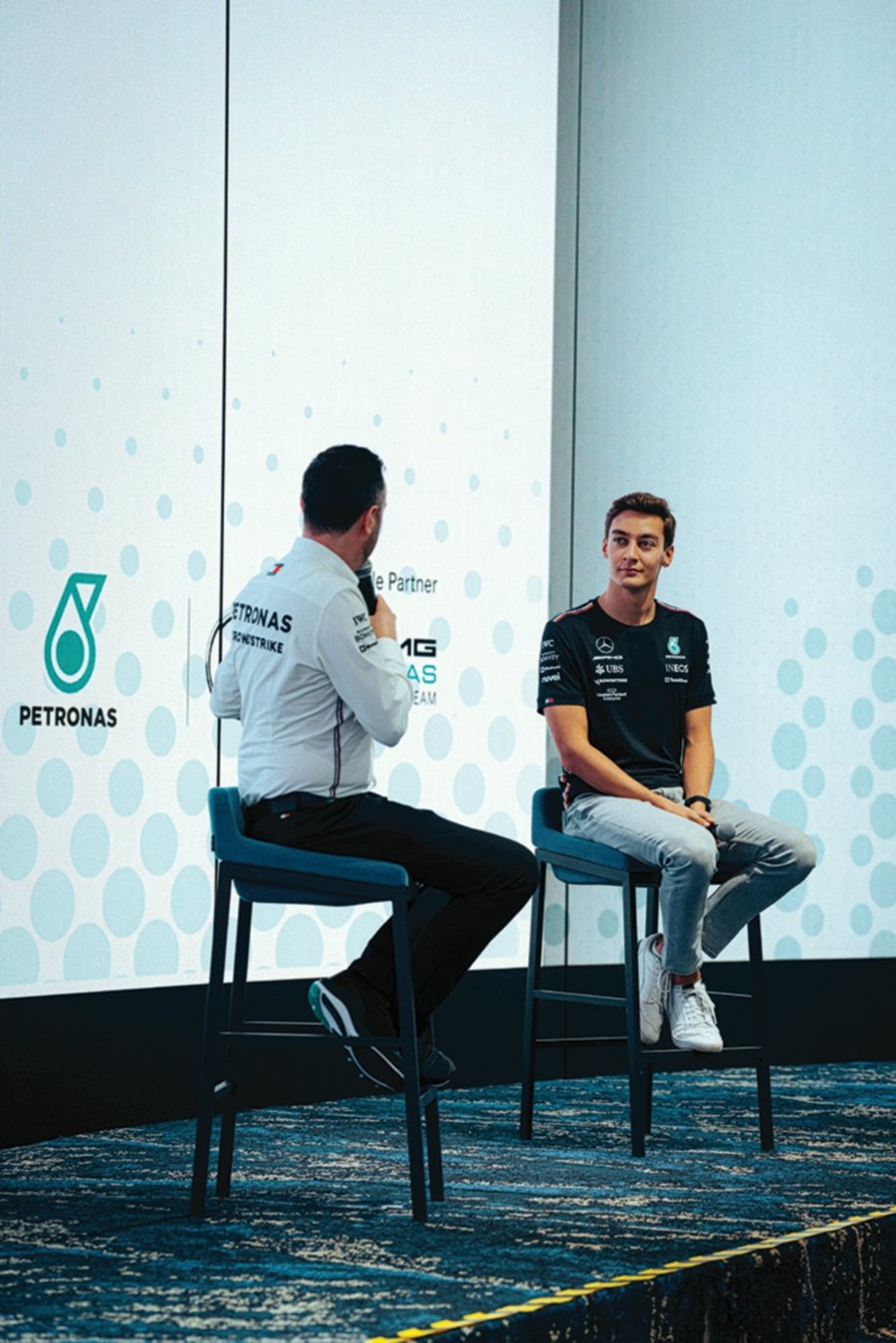George Russell(right) during an interview session at the Petronas Leadership Centre in Bangi recently.