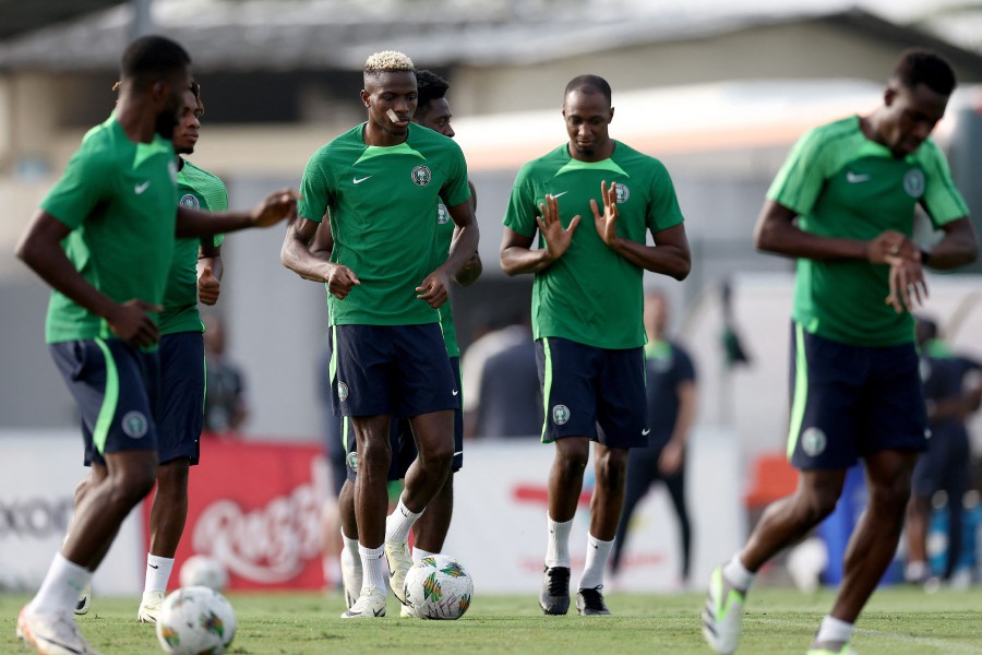 Nigeria's forward #9 Victor Osimhen (CL) takes part in a training session with teammates at the National Police School stadium in Abidjan on February 10, 2024, on the eve of the 2024 Africa Cup of Nations (CAN) final football match between Ivory Coast and Nigeria. AFP PIC