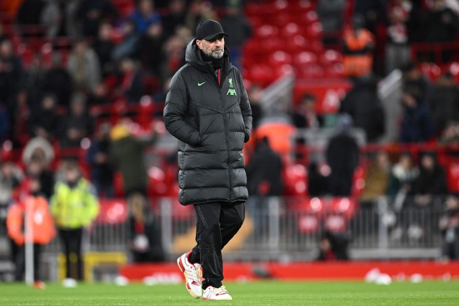Liverpool's German manager Jurgen Klopp on the pitch ahead of the English FA Cup fifth round football match between Liverpool and Southampton at Anfield stadium, in Liverpool, north west England, on February 28, 2024. AFP PIC