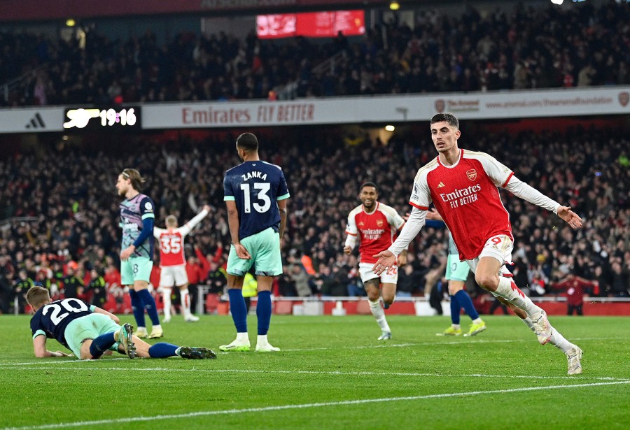 Arsenal's German midfielder #29 Kai Havertz celebrates scoring the team's second goal during the English Premier League football match between Arsenal and Brentford at the Emirates Stadium in London on March 9, 2024. - AFP pic