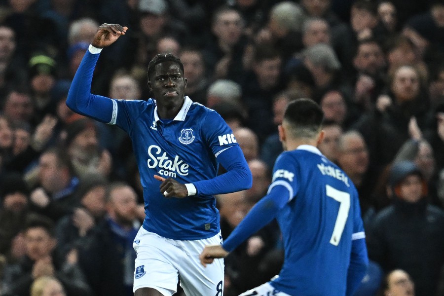 Everton's Amadou Onana (left) celebrates after scoring their first goal against Crystal Palace at Goodison Park in Liverpool. - AFP PIC