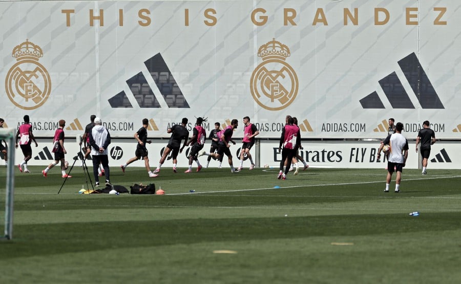 Real Madrid's players attend a training session at the Santiago Bernabeu stadium in Madrid ahead of their Champions League final football match against Borussia Dortmund. - AFP pic