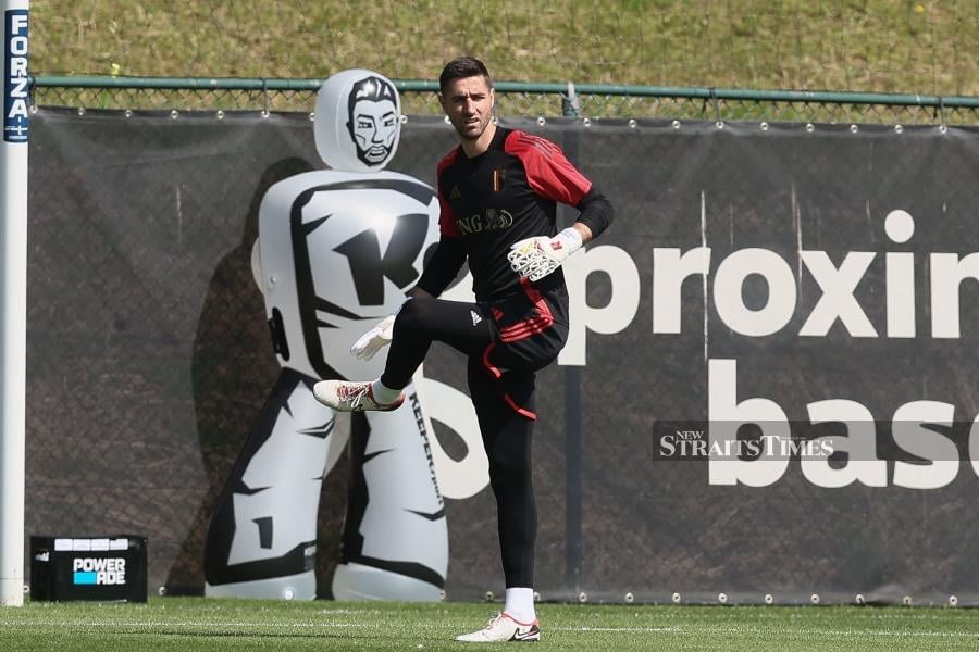 Belgium goalkeeper Koen Casteels takes part in a training session as part of the team’s preparation for Euro 2024 at the Royal Belgian Football Association's training centre in Tubize, on Friday. AFP PIC
