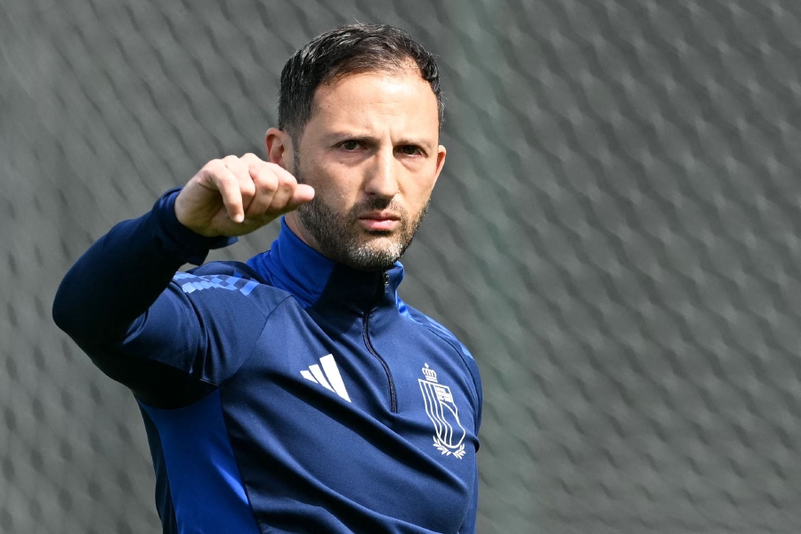 Belgium's head coach Domenico Tedesco leads a MD-1 training session during the UEFA Euro 2024 football Championship, at the team base camp in Ludwigsburg, near Stuttgart, on the eve of their first group match against Slovakia. (Photo by THOMAS KIENZLE / AFP)