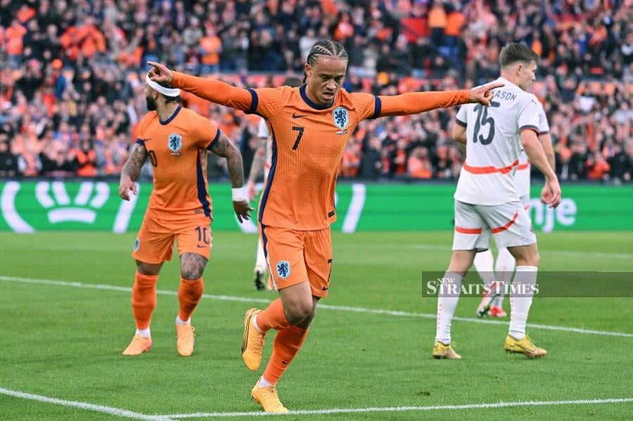 Netherlands' Xavi Simons celebrates after scoring against Iceland in Monday’s friendly at the Feyenoord Stadium, in Rotterdam. AFP PIC 