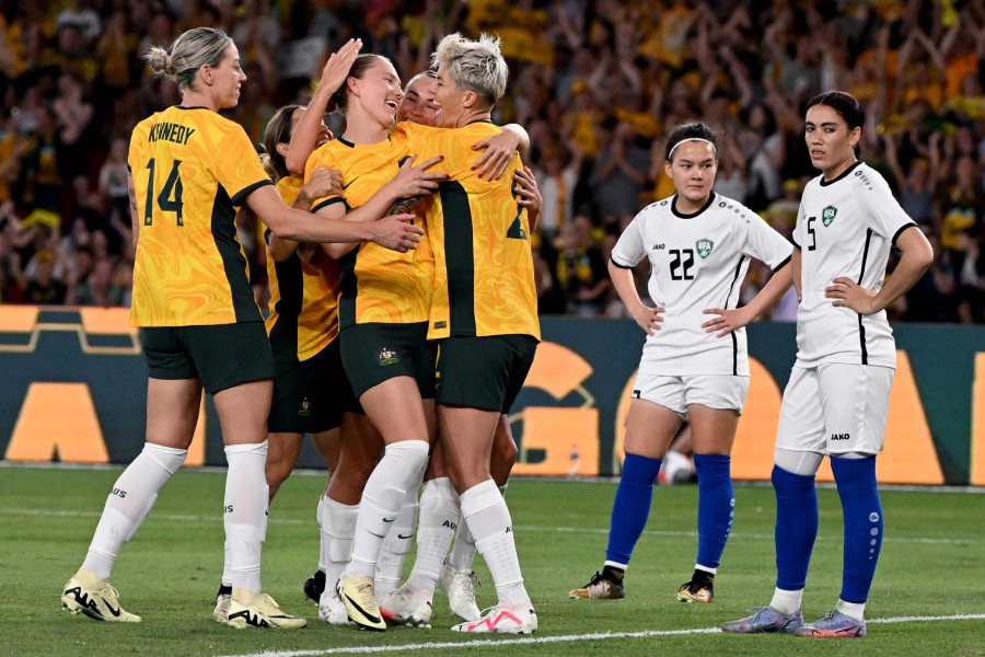 Australian player Michelle Heyman (Centre #2) celebrates with teammates after scoring a goal during the women's football qualifying match for the 2024 Paris Olympic Games between Australia and Uzbekistan in Melbourne on February 28, 2024. AFP PIC