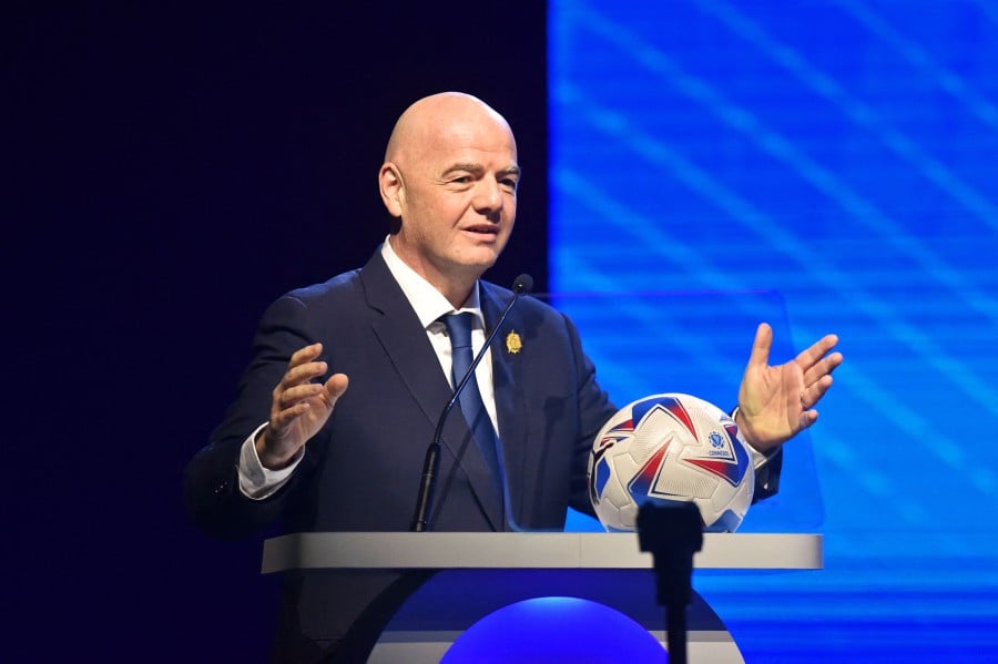 FIFA President Gianni Infantino delivers a speech during Conmebol's 78th Ordinary Congress in Luque, Paraguay on April 11, 2024. AFP PIC