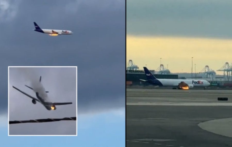  A FedEx Boeing 767 cargo plane struck a bird while departing Newark Airport, New Jersey, on Saturday and made an emergency landing with one engine on fire. - PIC CREDIT: SOCIAL MEDIA