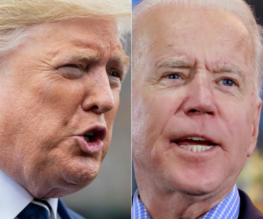 (COMBO) This combination of file photos created on March 4, 2020 shows US President Donald Trump (L) in Washington, DC, on March 3, 2020; and Democratic presidential hopeful Joe Biden Las Vegas on February 22, 2020.. - Biden said he expects "personal attacks and lies" from Trump in their first televised debate on September 29, comparing the Republican president to Nazi propaganda chief Joseph Goebbels. "It is going to be difficult," the former vice president acknowledged in an interview broadcast on September 26, 2020 on MSNBC. "He's sort of like Goebbels," Biden said. "You say the lie long enough, keep repeating it, repeating it, repeating it, it becomes common knowledge." (Photos by SAUL LOEB and Ronda Churchill / AFP)