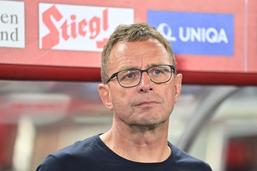 (FILES) Austria's coach Ralf Rangnick follows the action from the sidelines during the UEFA Nations League football match Austria v Denmark in Vienna, Austria. (Photo by Joe Klamar / AFP)