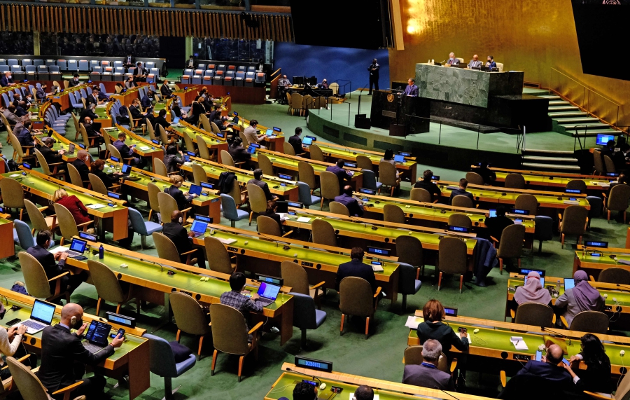 (FILES) In this file photo, the United Nations holds its second day of emergency special session General Assembly meetings on the Russia-Ukraine conflict in New York City. - (Photo by Andrea RENAULT / AFP)