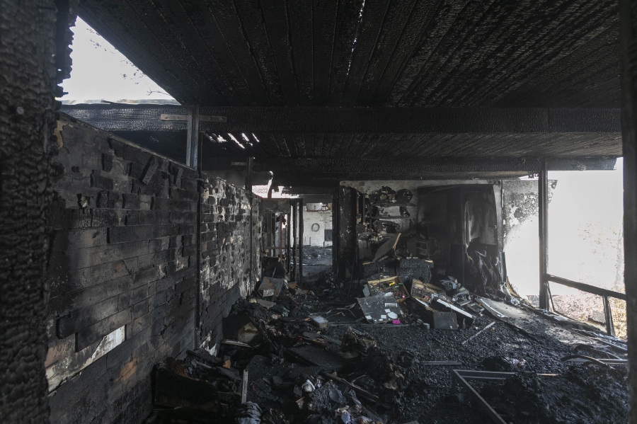 Only charred debris remains after a house was burned in the Getty Fire on October 28, 2019 in Los Angeles, California. Reported at 1:30 a.m., the fire quickly burned 600 acres and several homes and forced evacuations in an area near the Getty Center. David McNew/Getty Images/AFP