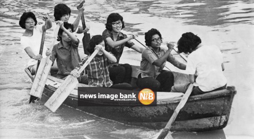 25 June 1963: University of Malaya Dragon Boat festival organised by the university's Chinese Language Society. Picture shows some of the girl contestants after they had managed to get the hang of things. 