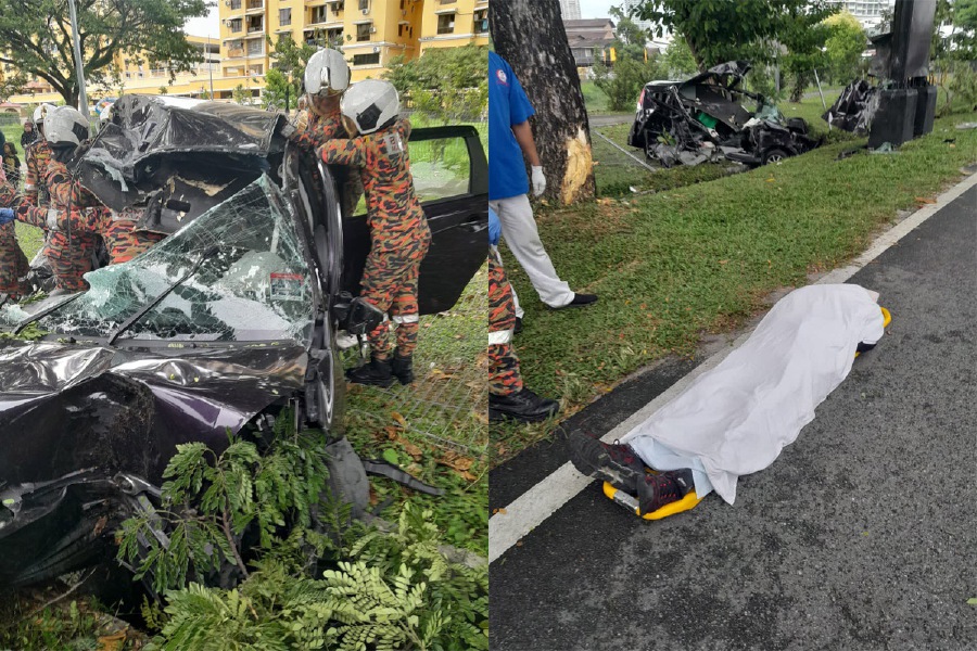 A senior citizen was killed when the car he was driving crashed into a tree at the Tun Dr Lim Chong Eu Expressway here this afternoon. - Pic courtesy of Fire and Rescue Dept