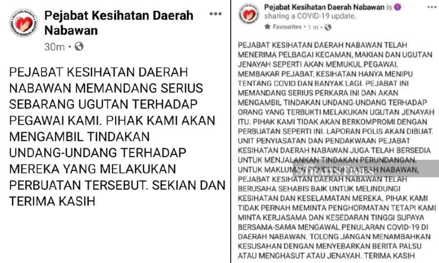 Screenshots of Pejabat Kesihatan Daerah Nabawan Facebook Page, indicating that they are being threatened by the public over the increase number of Covid-19 cases at the locality. - Pic courtesy of NST reader 