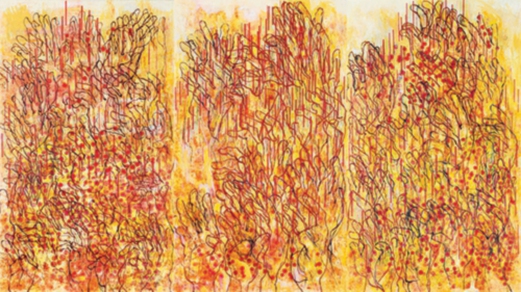Flames,Oil, charcoal, pastel, acrylic paint and medium on jute canvas,152.5cm x 274.5cm (Triptych),2016.