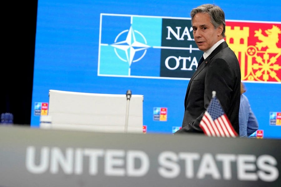 FILE PHOTO: U.S. Secretary of State Antony Blinken arrives for a round table meeting at the NATO summit in Madrid, Spain June 29, 2022. - Reuters pic