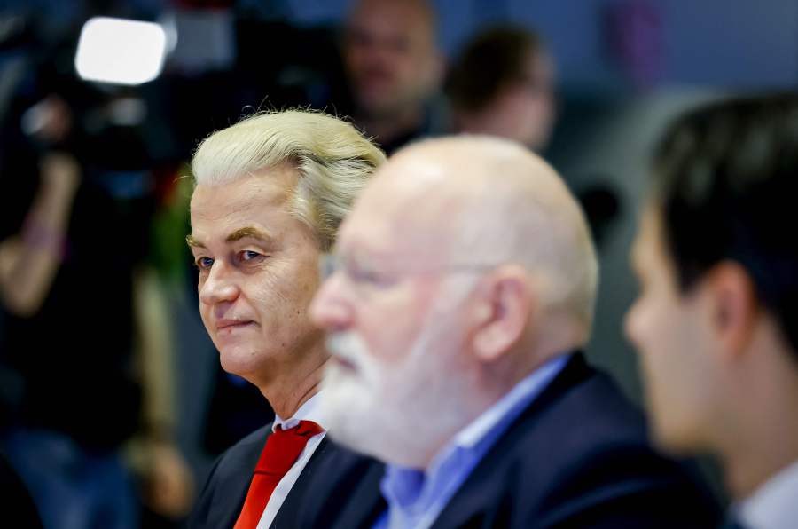 Leader of the Party for Freedom (PVV) Geert Wilders (L) and GroenLinks-PvdA's leader Frans Timmermans attend a meeting with party leaders at the House of Representatives in The Hague. - AFP pic
