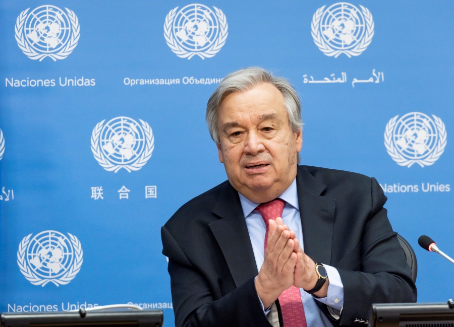 United Nations Secretary-General Antonio Guterres speaks during a partially virtual press conference with Professor Petteri Taalas, the Secretary-General of the World Meteorological Organization, about the report â€˜State of the Global Climate in 2020â€™ at United Nations headquarters in New York, New York, USA, 19 April 2021. The report details a number of facts about the global climate including that 2020 was one of the hottest years on record and that the temporary decrease in carbon emissions as a result of the coronavirus pandemic had minimal affect on the concentration of greenhouse gases in the atmosphere. - EPA/JUSTIN LANE