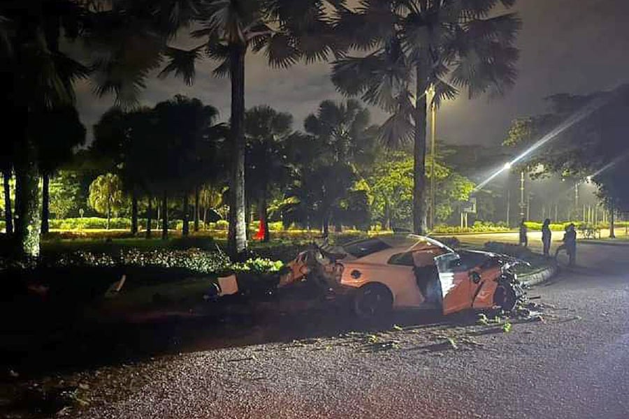 The victim, who was behind the wheel of the white Nissan GTR, died on the spot after he succumbed to severe injuries to his head and right leg during the incident. - Pic courtesy from PDRM