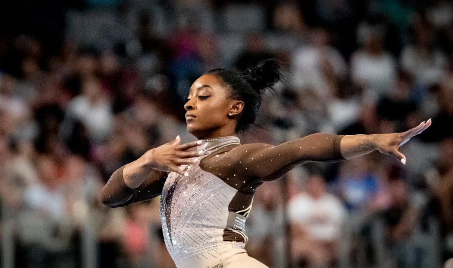 Gymnast Simone Biles begins her floor routine during the final day of the 2024 USA Gymnastics Championships at Dickies Arena. - Credit: Sara Diggins/American-Statesman-USA TODAY Sports via REUTERS