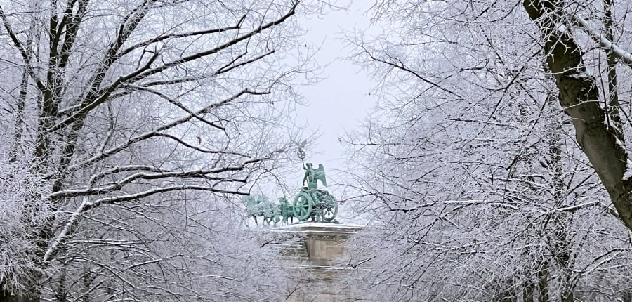The Quadriga atop Brandenburg Gate is pictured through snow-covered trees at the grounds of Tiegarten park in Berlin, Germany. - Reuters pic