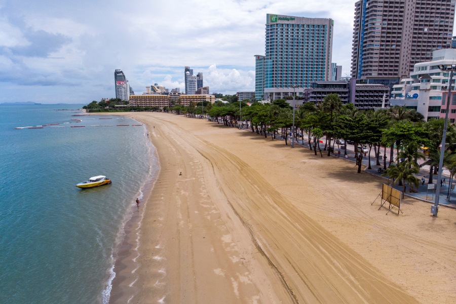 An aerial photo shows the main beach in Pattaya on June 1, 2020. AFP file photo/ Miladen ANTONOV