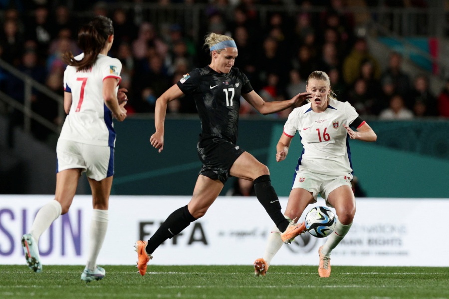 FIFA Women’s World Cup Australia and New Zealand 2023 - Group A - New Zealand v Norway - Eden Park, Auckland, New Zealand - New Zealand's Hannah Wilkinson in action with Norway's Mathilde Harviken. - Reuters pic