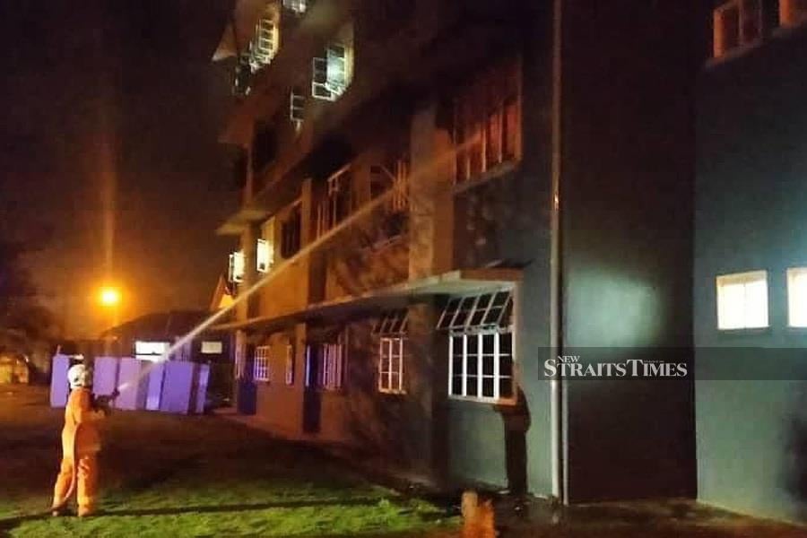 Ten students of Sekolah Menengah Sains Hulu Terengganu here escaped in time when a fire blazed through their school hostel early this morning. - NSTP / courtesy of Fire and Rescue Dept
