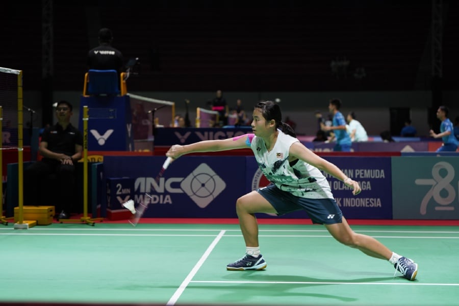 Malaysia’s Ong Xin Yee in action against Kazakhstan’s during Saturday’s Badminton Asia Junior Mixed Team Championships match in Yogyakarta, Indonesia. PIC FROM BA OF MALAYSIA 