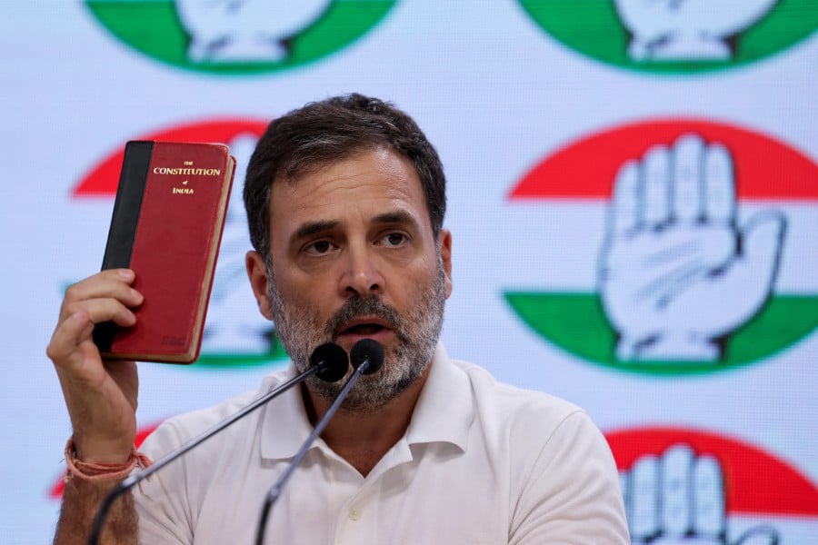 Rahul Gandhi, a senior leader of India's main opposition Congress party, holds a press conference at the party's headquarter in New Delhi, India, June 4, 2024. REUTERS