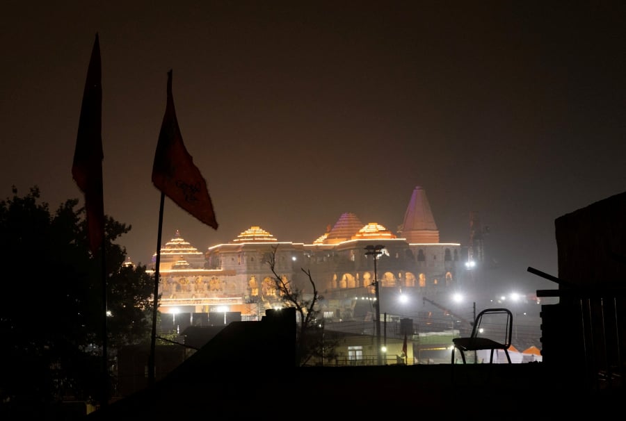 An illuminated temple of Lord Ram is pictured ahead of its opening in Ayodhya in India. (REUTERS/Adnan Abidi)