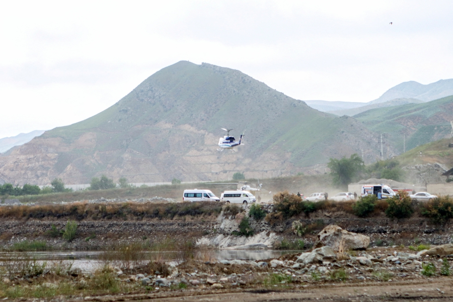 A helicopter carrying Iran's President Ebrahim Raisi takes off, near the Iran-Azerbaijan border, May 19, 2024. The helicopter with Raisi on board later crashed. Ali Hamed Haghdoust/IRNA/WANA (West Asia News Agency) via REUTERS