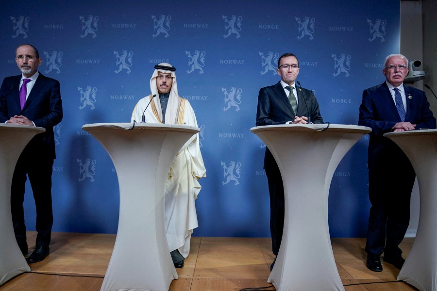 Jordan's Foreign Minister Ayman Al Safadi, Saudi Arabia's Foreign Minister Prince Faisal bin Farhan Al- Saud, Norway's Foreign Minister Espen Barth Eide and Palestinian Foreign Minister Riyad Najeeb al-Maliki attend a press conference after the meeting on the Gaza situation in the government's representation facility in Oslo, Norway December 15, 2023. REUTERS PIC