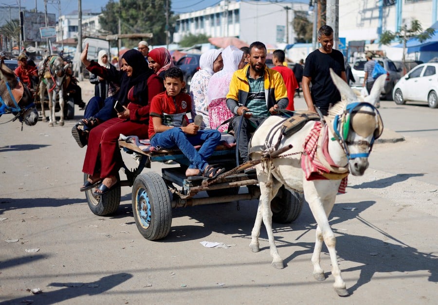 Palestinians use a donkey-drawn cart as a means of transportation, as the strip suffers from a lack of fuel forcing residents to turn to alternatives to go about their day, amid the ongoing conflict with Israel, in Khan Younis in the southern Gaza Strip October 31, 2023. REUTERS FILE PIC