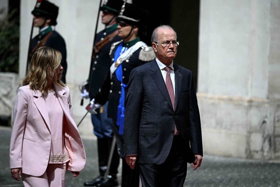 Italy's Prime Minister Giorgia Meloni (Left) welcomes her Palestinian Authority counterpart Mohammed Mustafa prior to their meeting at Palazzo Chigi in Rome. - AFP pic